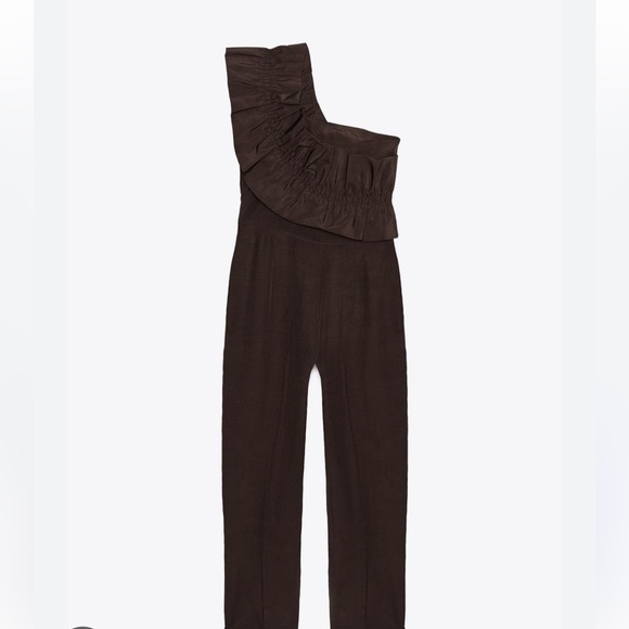 Zara NWT brown asymmetrical linen blend ruffle jumpsuit 8460/501 - Picture 3 of 7